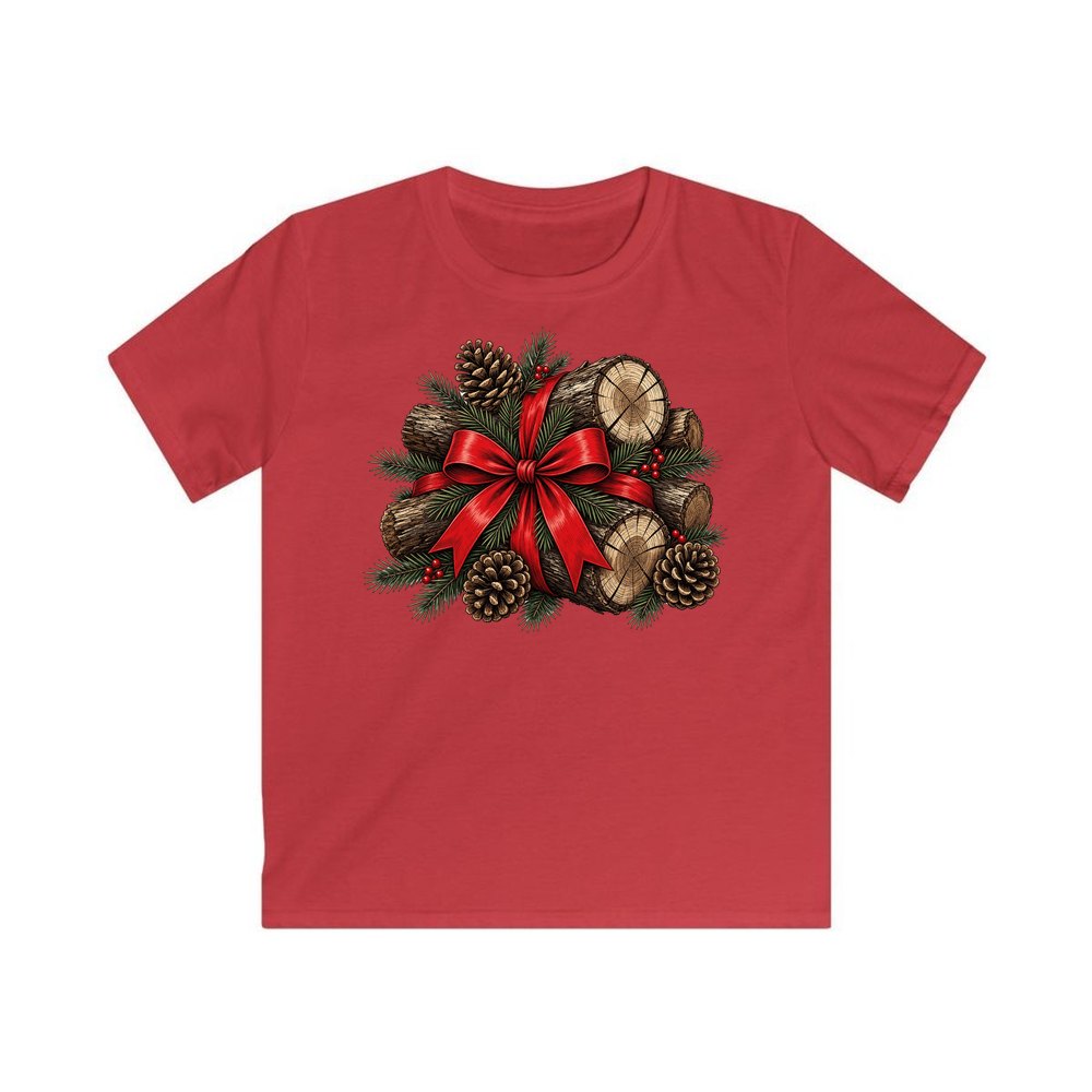 Firewood Bundle and Red Bow personalised kids Christmas tee in red