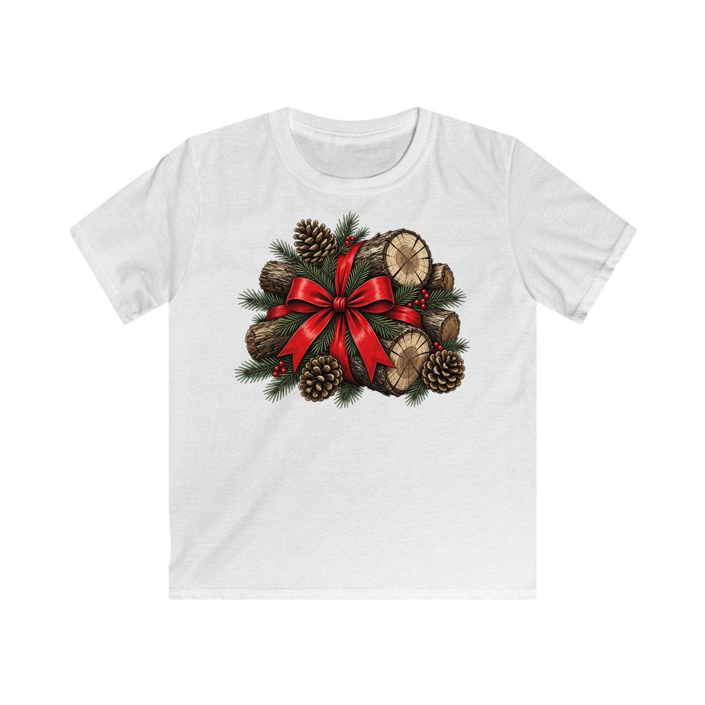 Firewood Bundle and Red Bow personalised kids Christmas tee in white