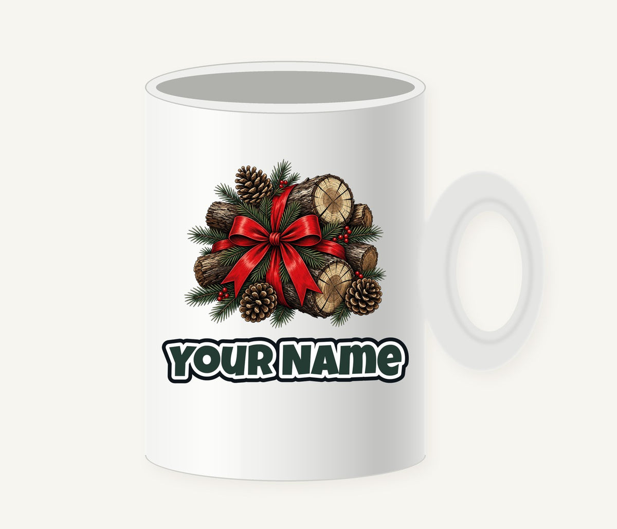 Firewood Bundle and Red Bow Personalised Christmas Mug
