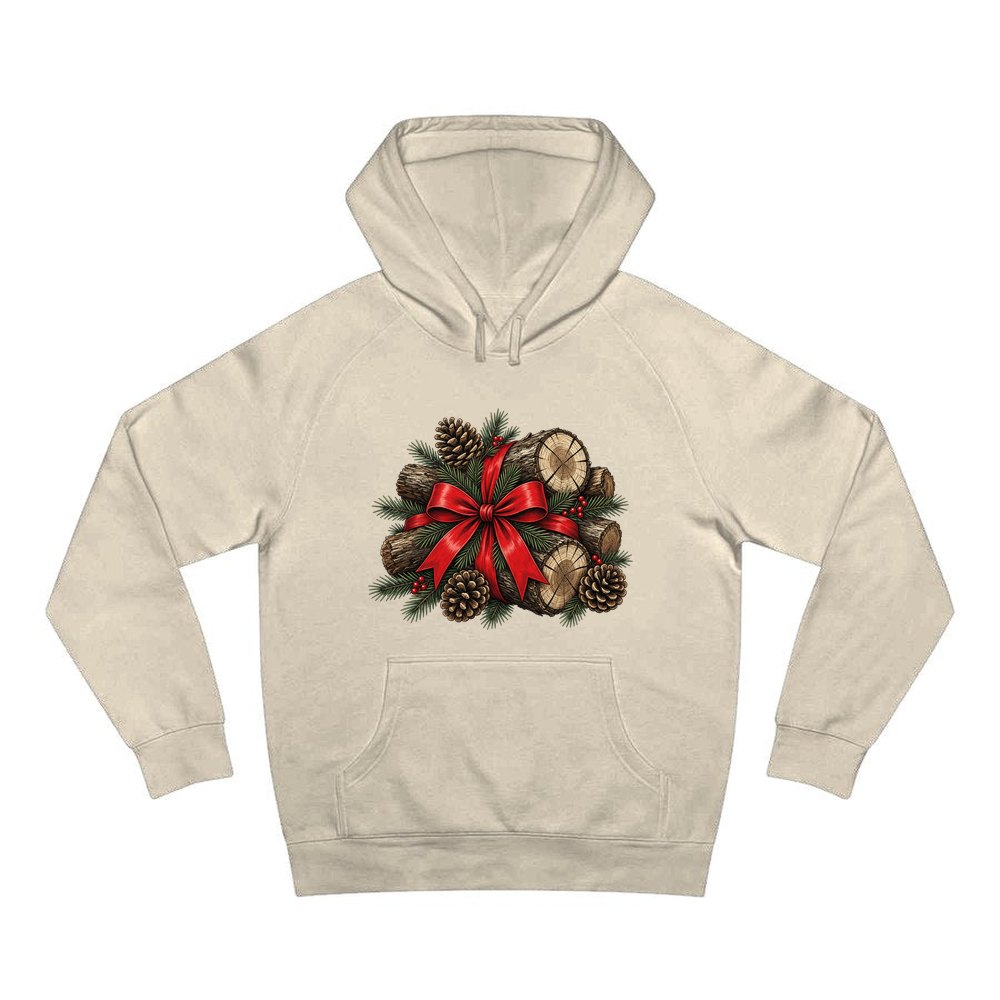 Firewood Bundle and Red Bow personalised Christmas hoodie in sand