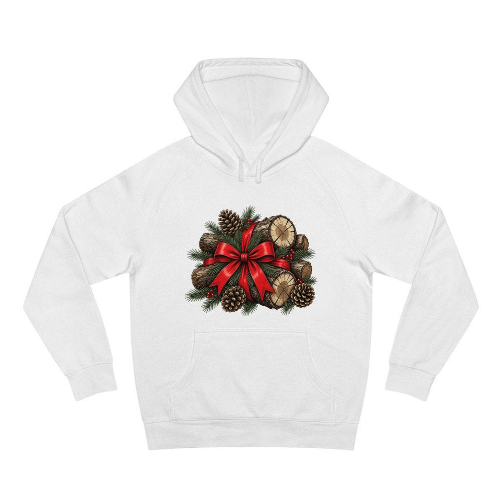 Firewood Bundle and Red Bow personalised Christmas hoodie in white