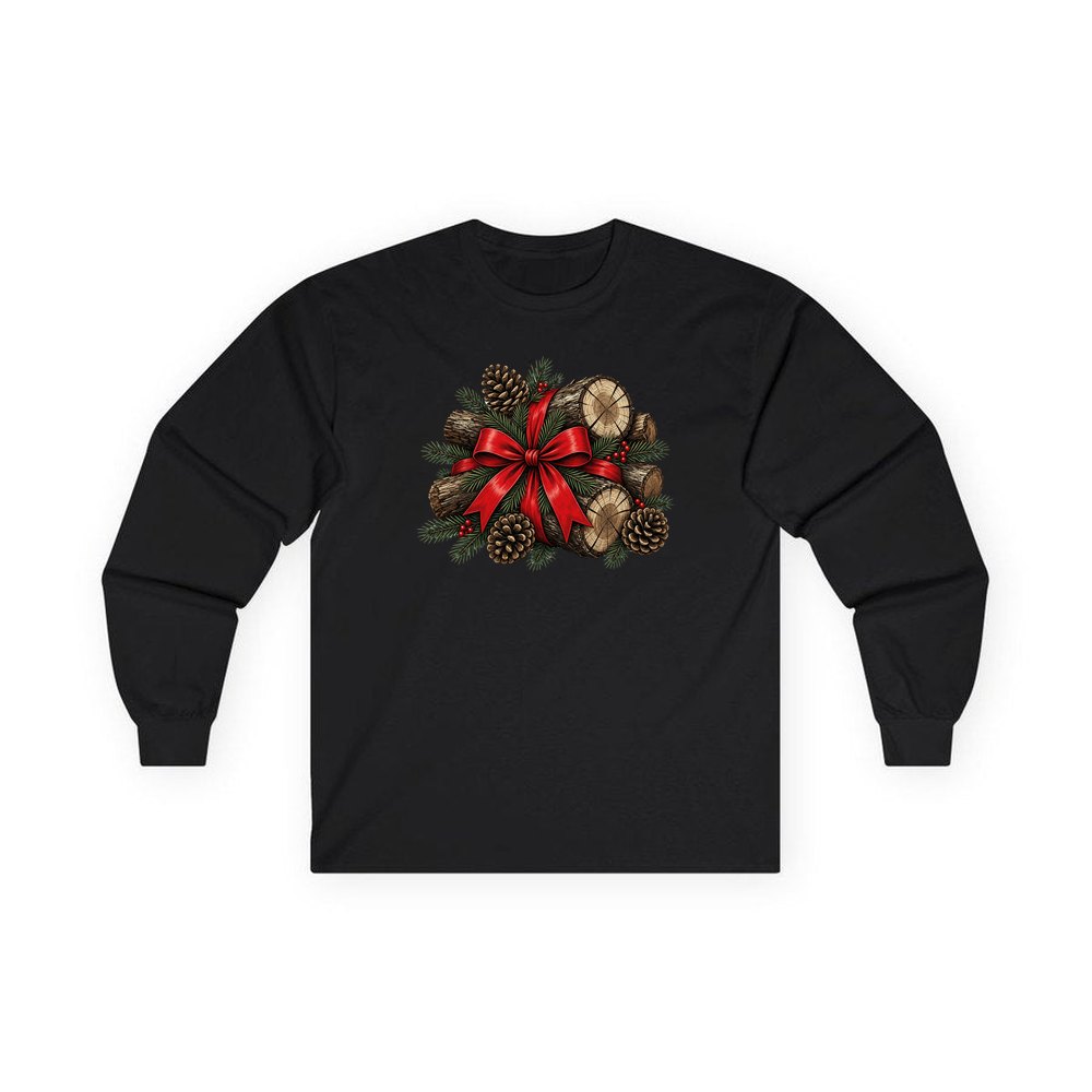 Firewood Bundle and Red Bow personalised long sleeve Christmas T-shirt in black