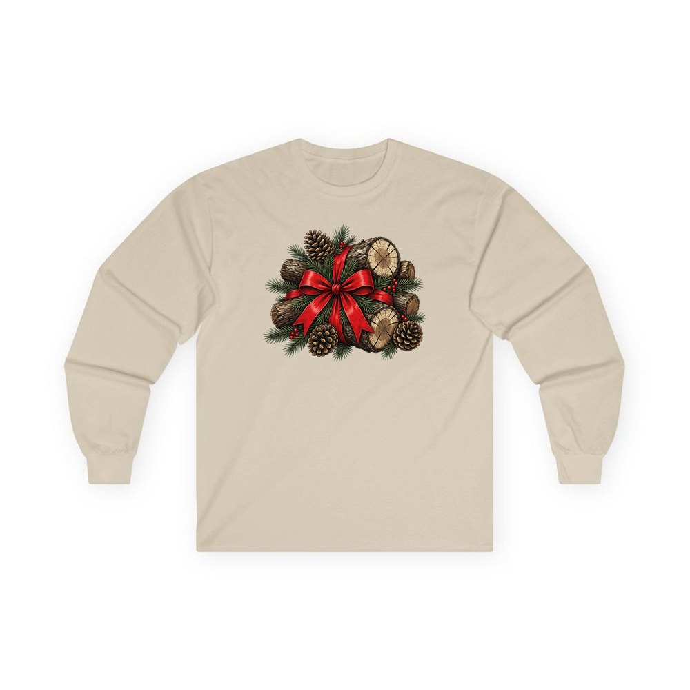 Firewood Bundle and Red Bow personalised long sleeve Christmas T-shirt in sand