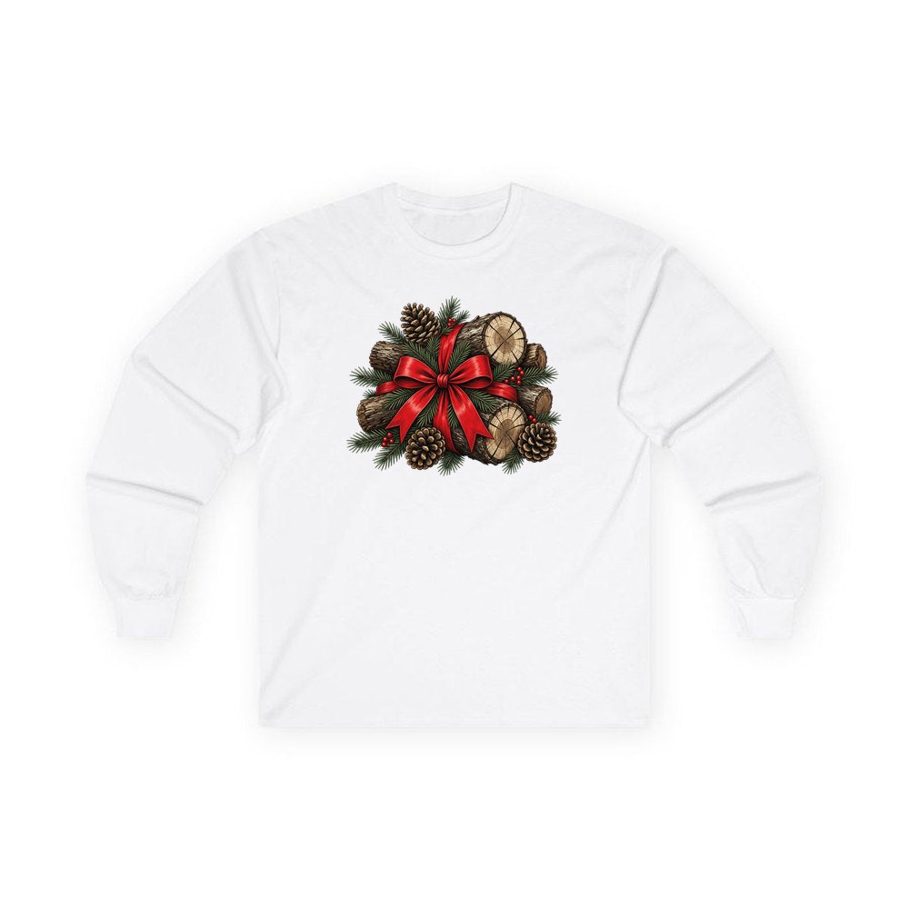 Firewood Bundle and Red Bow personalised long sleeve Christmas T-shirt in white
