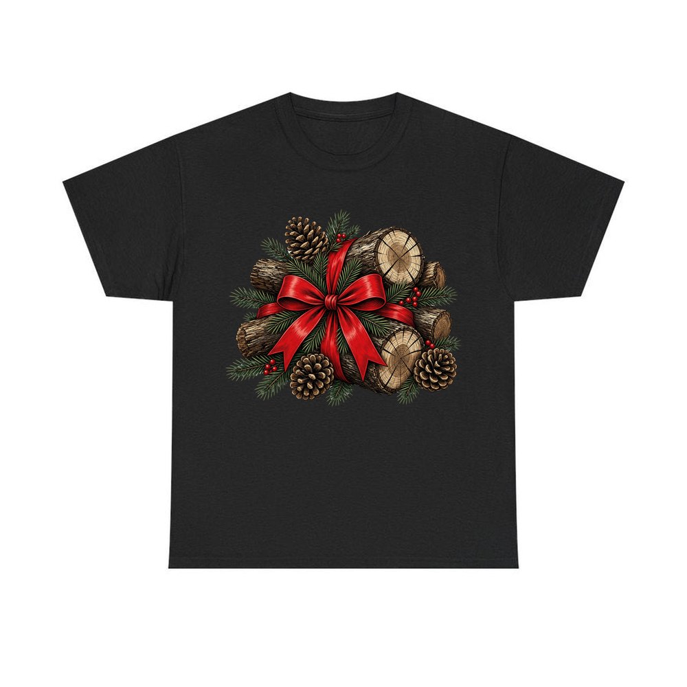 Firewood Bundle and Red Bow personalised Christmas T-shirt in black