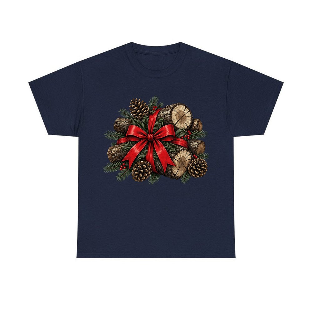 Firewood Bundle and Red Bow personalised Christmas T-shirt in navy