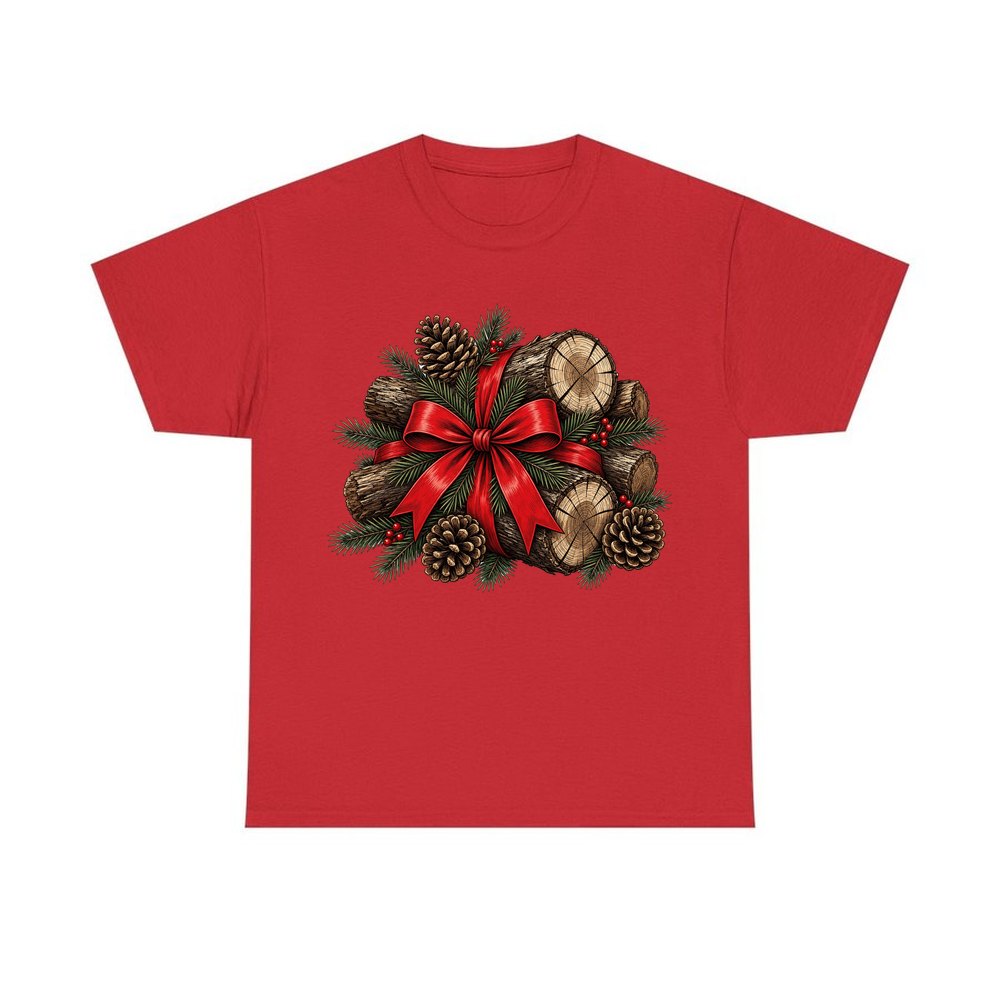 Firewood Bundle and Red Bow personalised Christmas T-shirt in red
