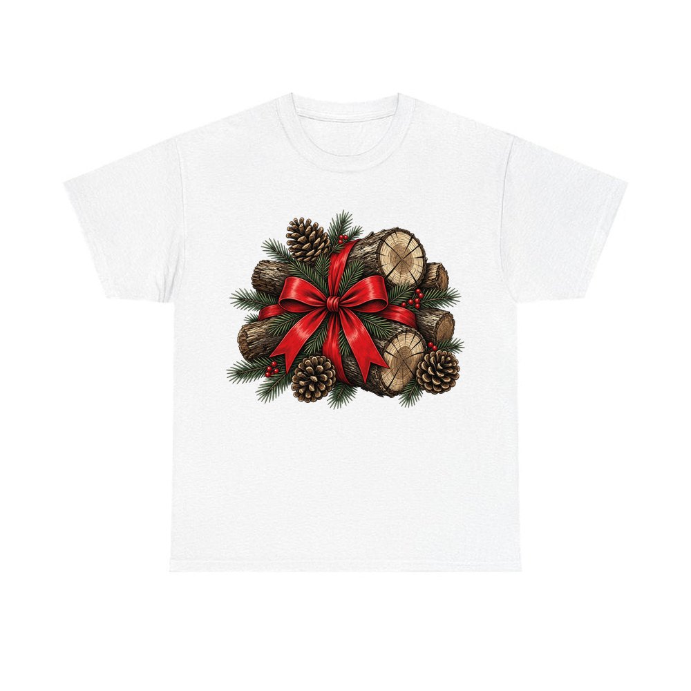 Firewood Bundle and Red Bow personalised Christmas T-shirt in white