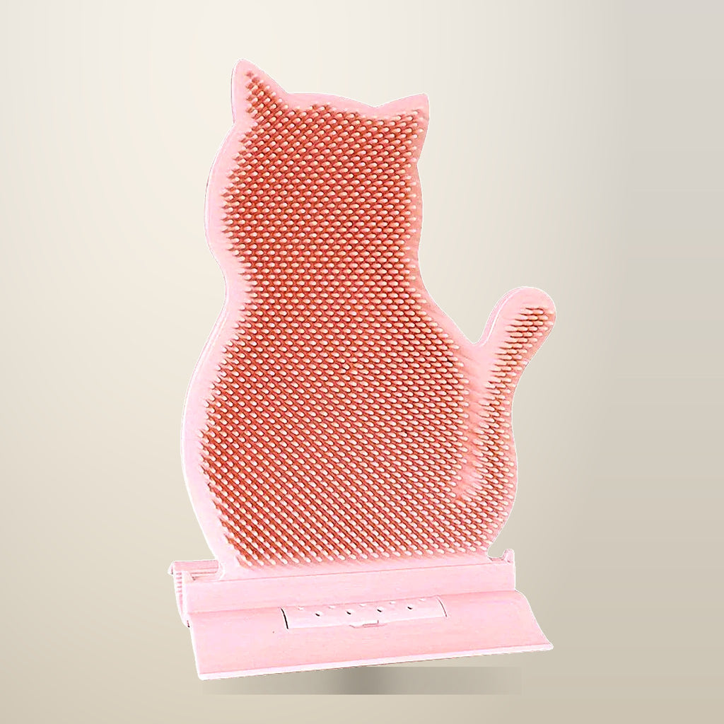 Fixed Cat Scrubber Massage Brush, Blue, Pink or Coffee, on a plain cream background