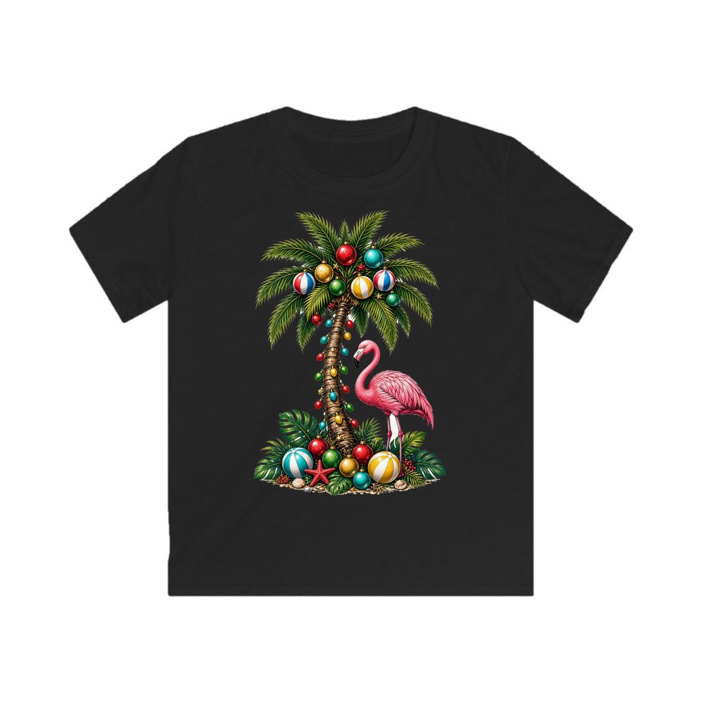 Flamingo and Palm Christmas personalised kids Christmas tee in black