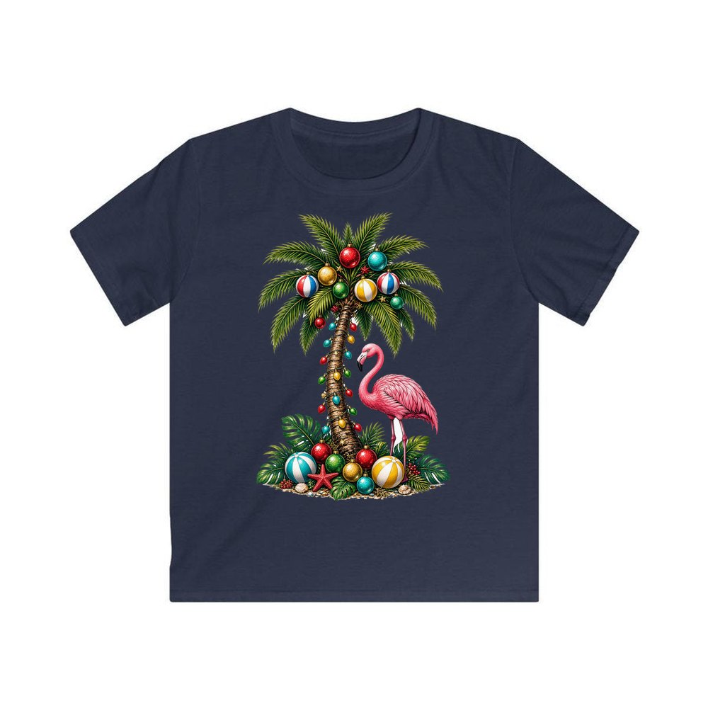 Flamingo and Palm Christmas personalised kids Christmas tee in navy