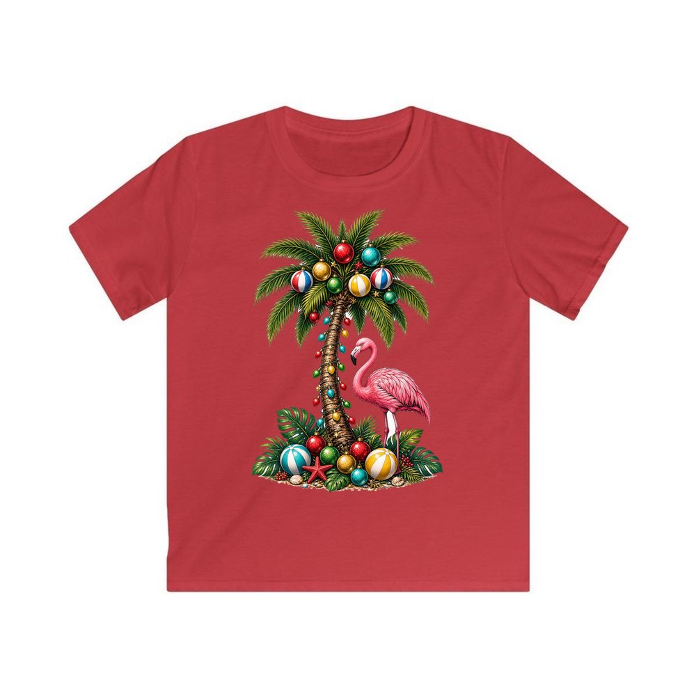 Flamingo and Palm Christmas personalised kids Christmas tee in red