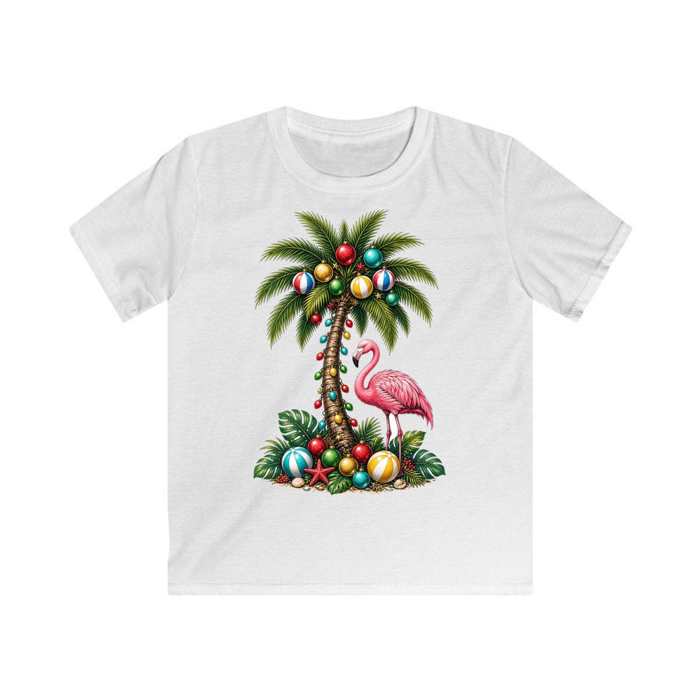 Flamingo and Palm Christmas personalised kids Christmas tee in white