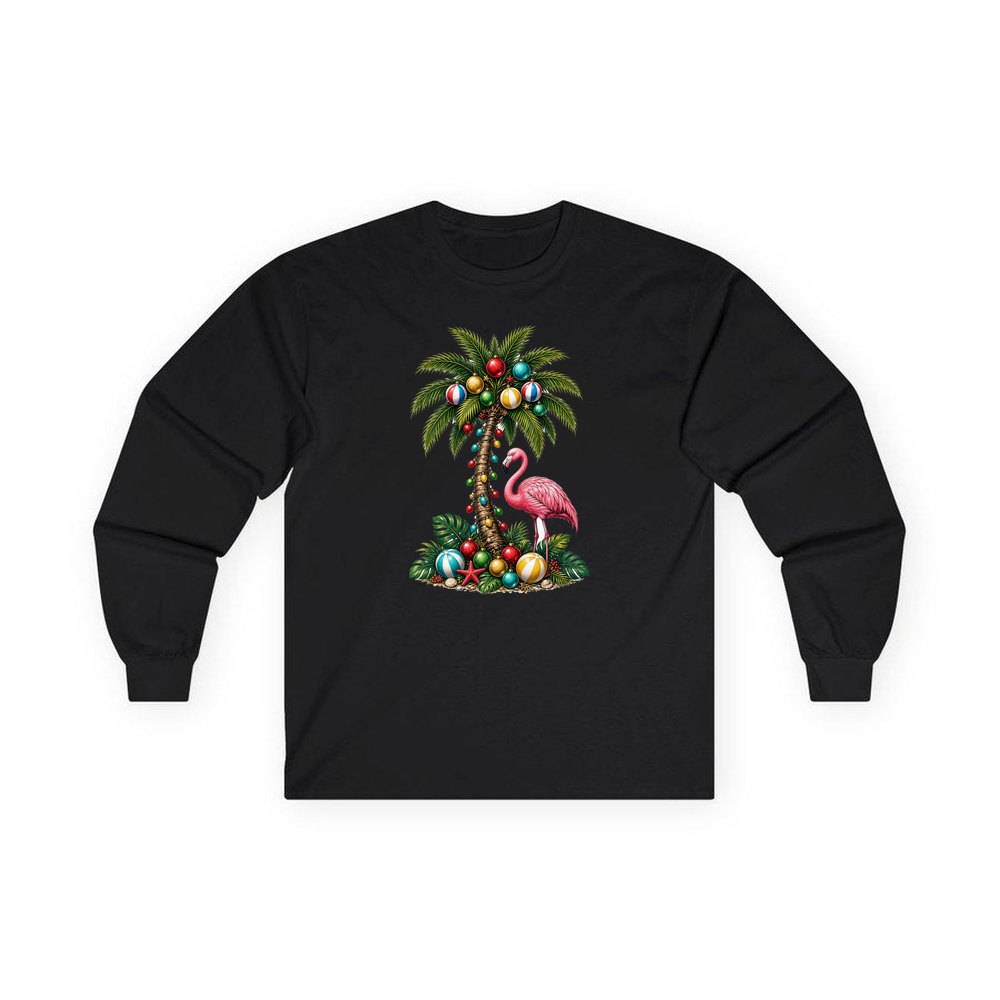 Flamingo and Palm Christmas personalised long sleeve Christmas T-shirt in black