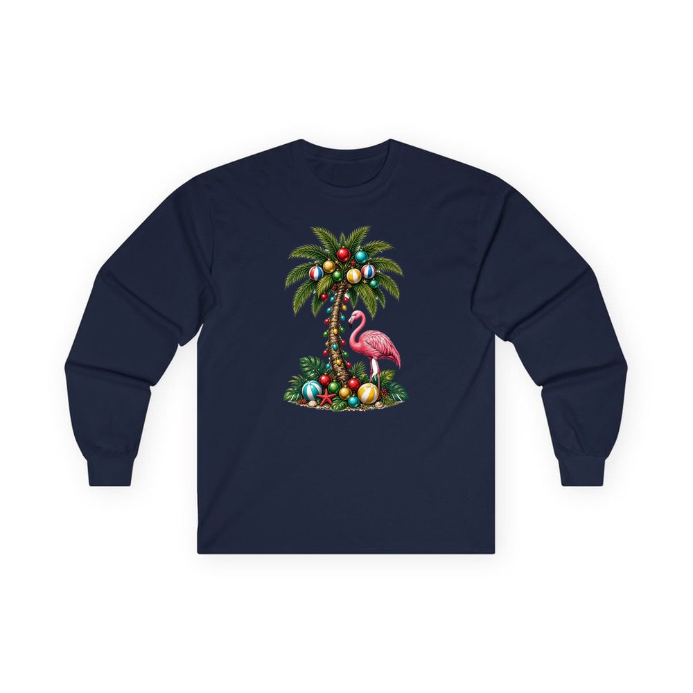 Flamingo and Palm Christmas personalised long sleeve Christmas T-shirt in navy