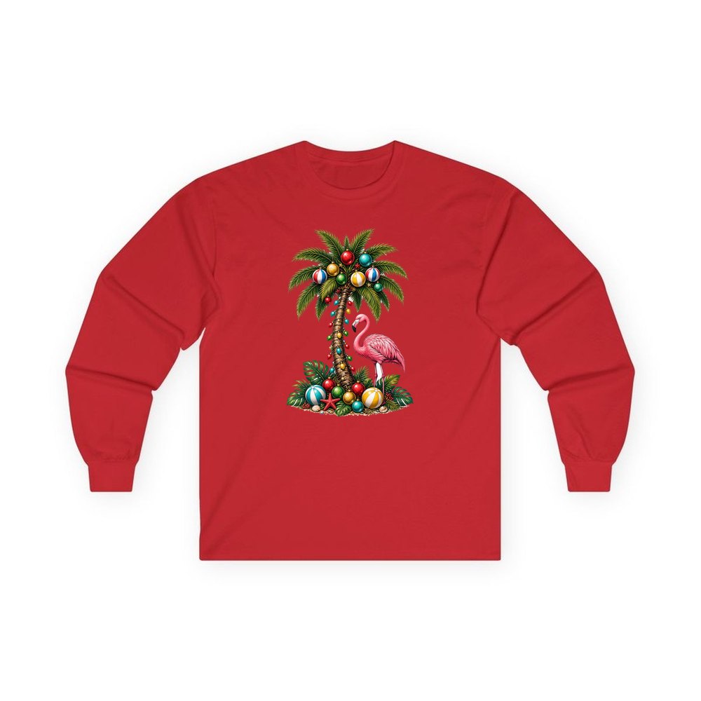 Flamingo and Palm Christmas personalised long sleeve Christmas T-shirt in red