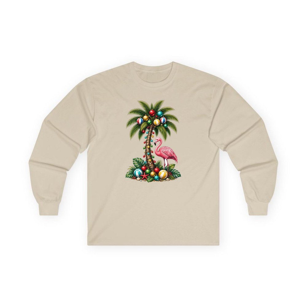 Flamingo and Palm Christmas personalised long sleeve Christmas T-shirt in sand
