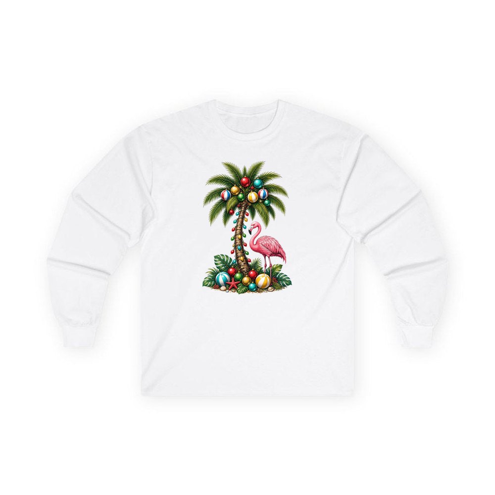 Flamingo and Palm Christmas personalised long sleeve Christmas T-shirt in white