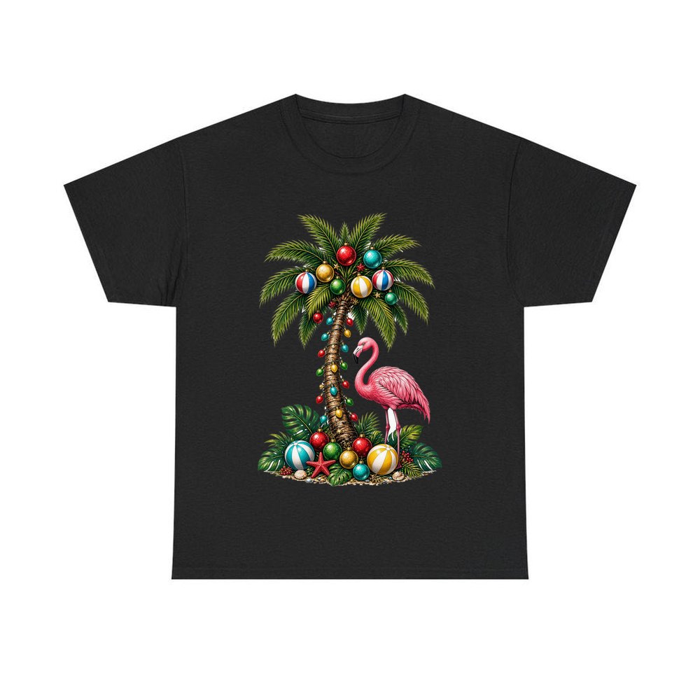 Flamingo and Palm Christmas personalised Christmas T-shirt in black