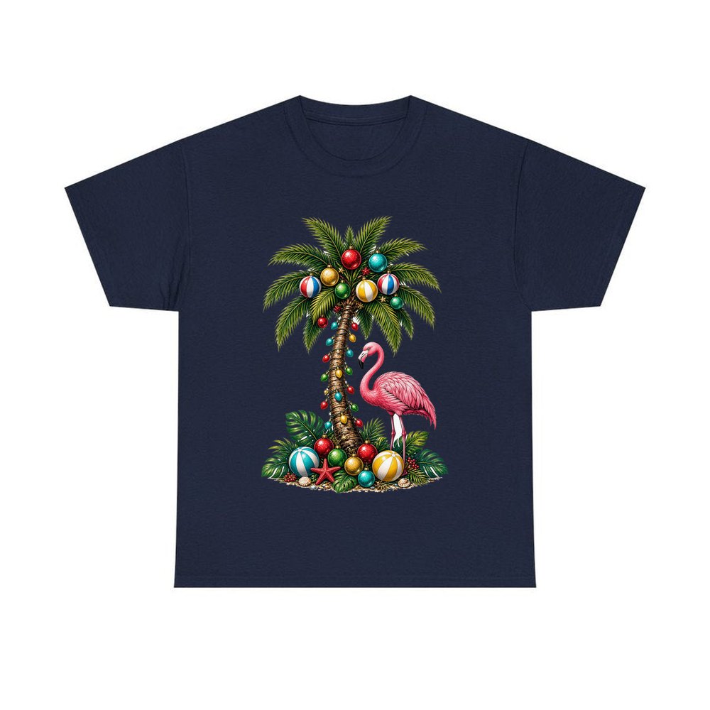 Flamingo and Palm Christmas personalised Christmas T-shirt in navy