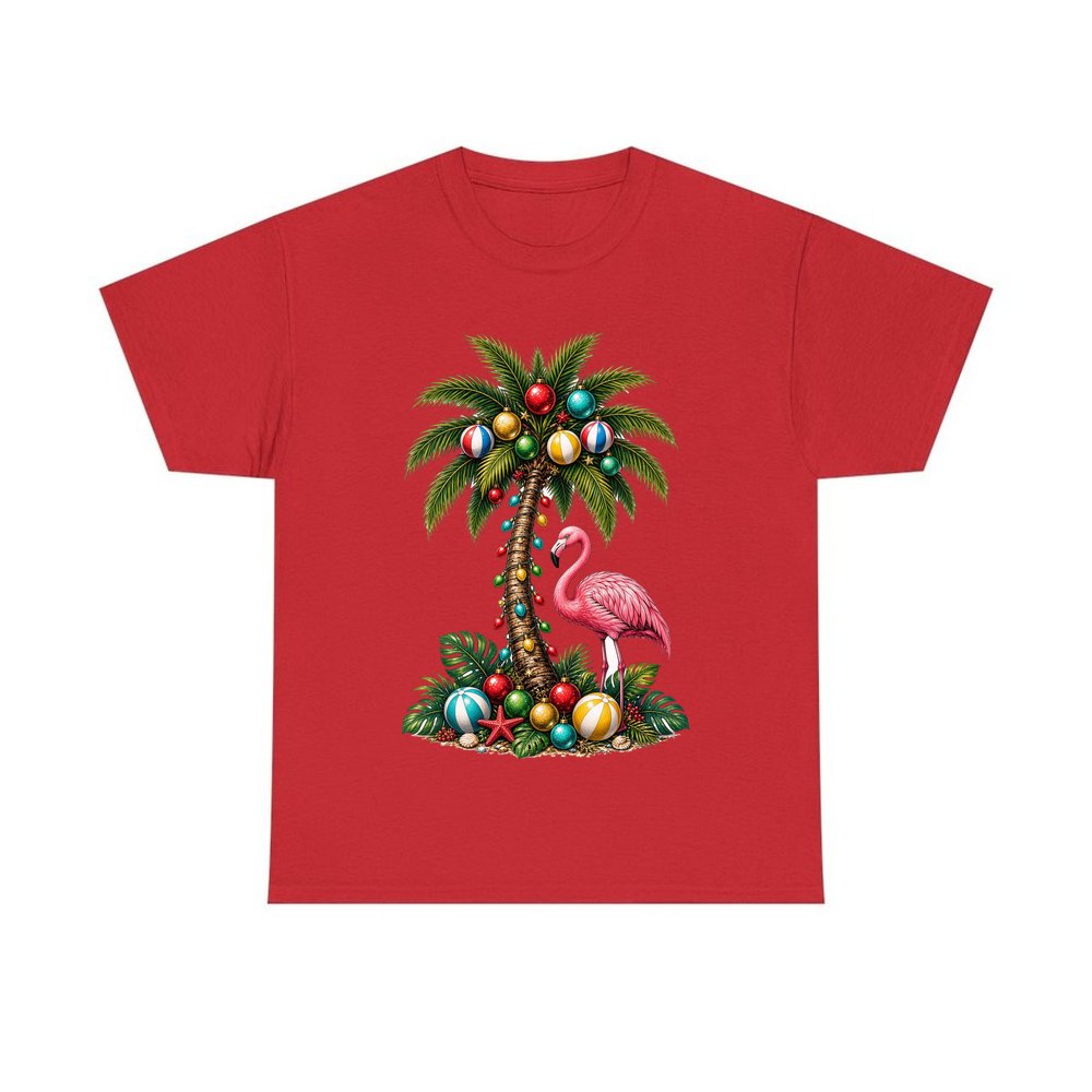Flamingo and Palm Christmas personalised Christmas T-shirt in red