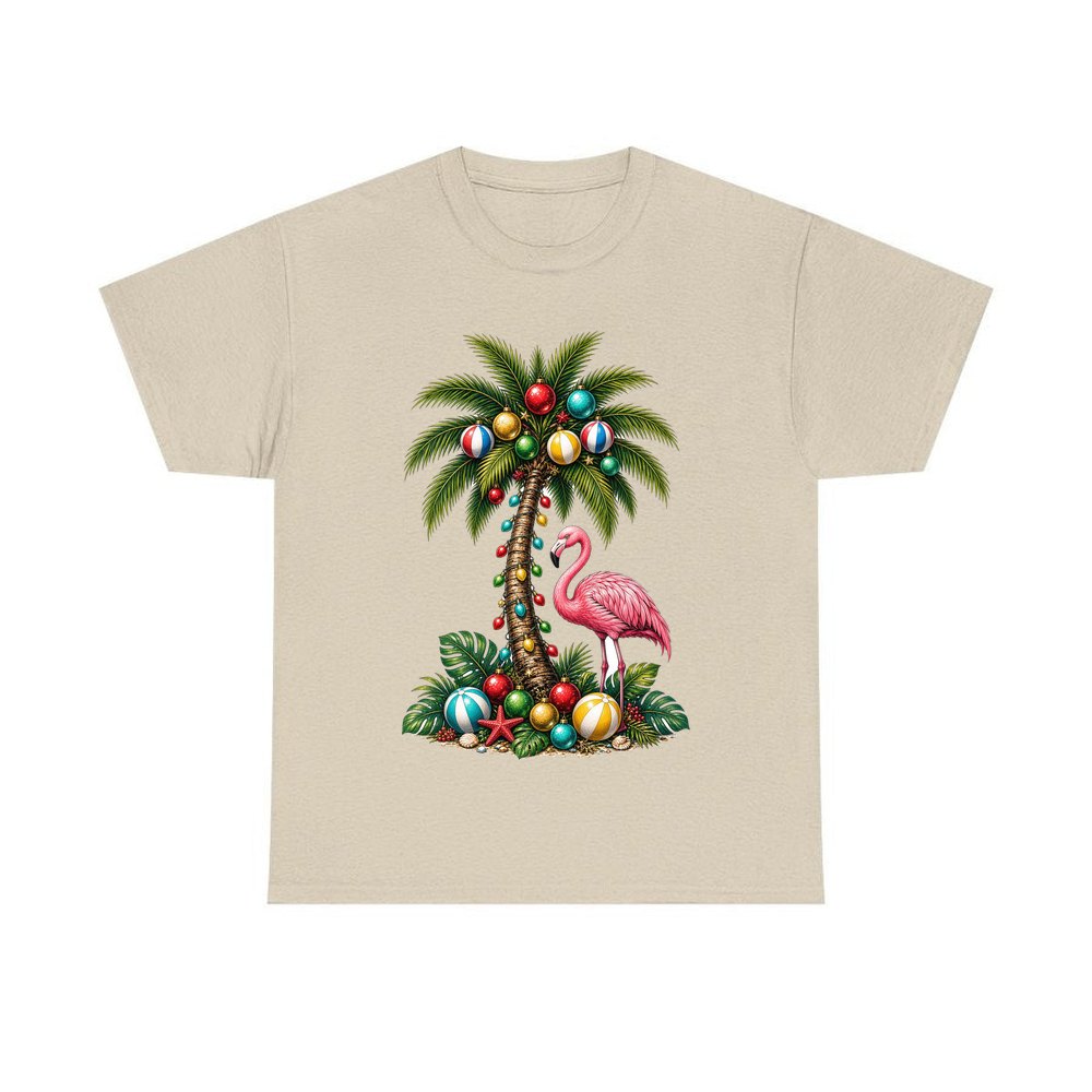 Flamingo and Palm Christmas personalised Christmas T-shirt in sand