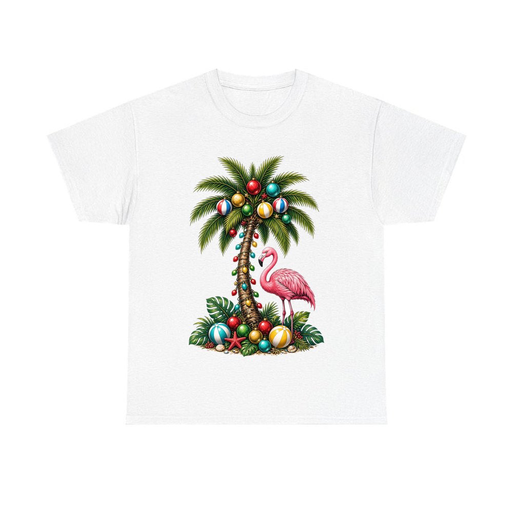 Flamingo And Palm Christmas design on a white tee