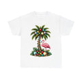 Flamingo And Palm Christmas design on a white tee