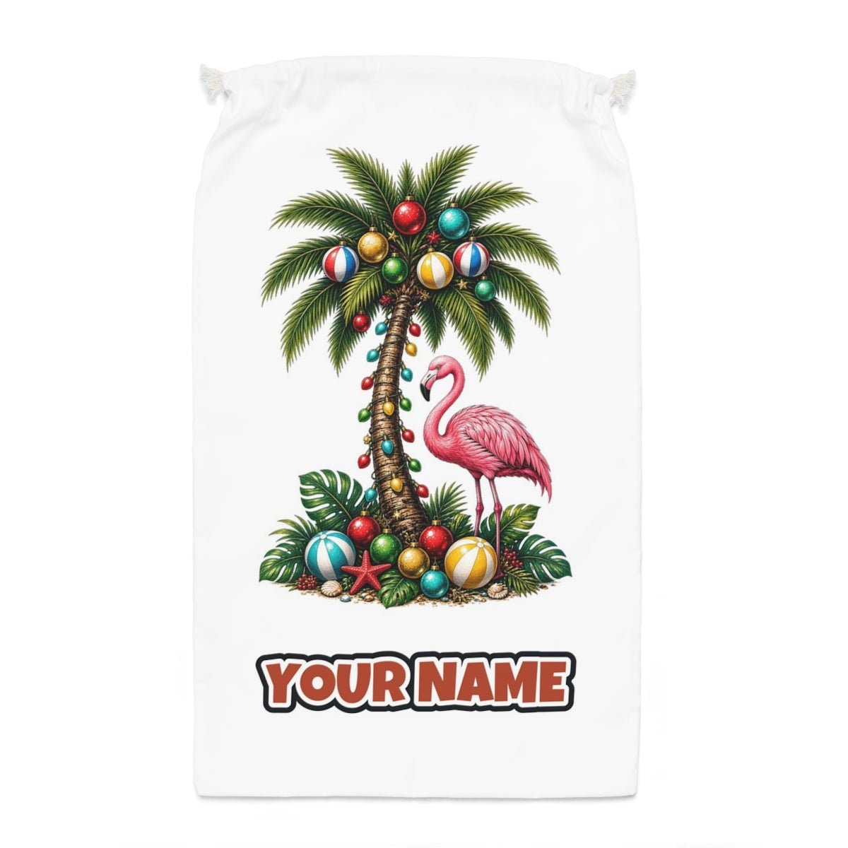 Flamingo and Palm Christmas Santa sack laid flat, showing the full print