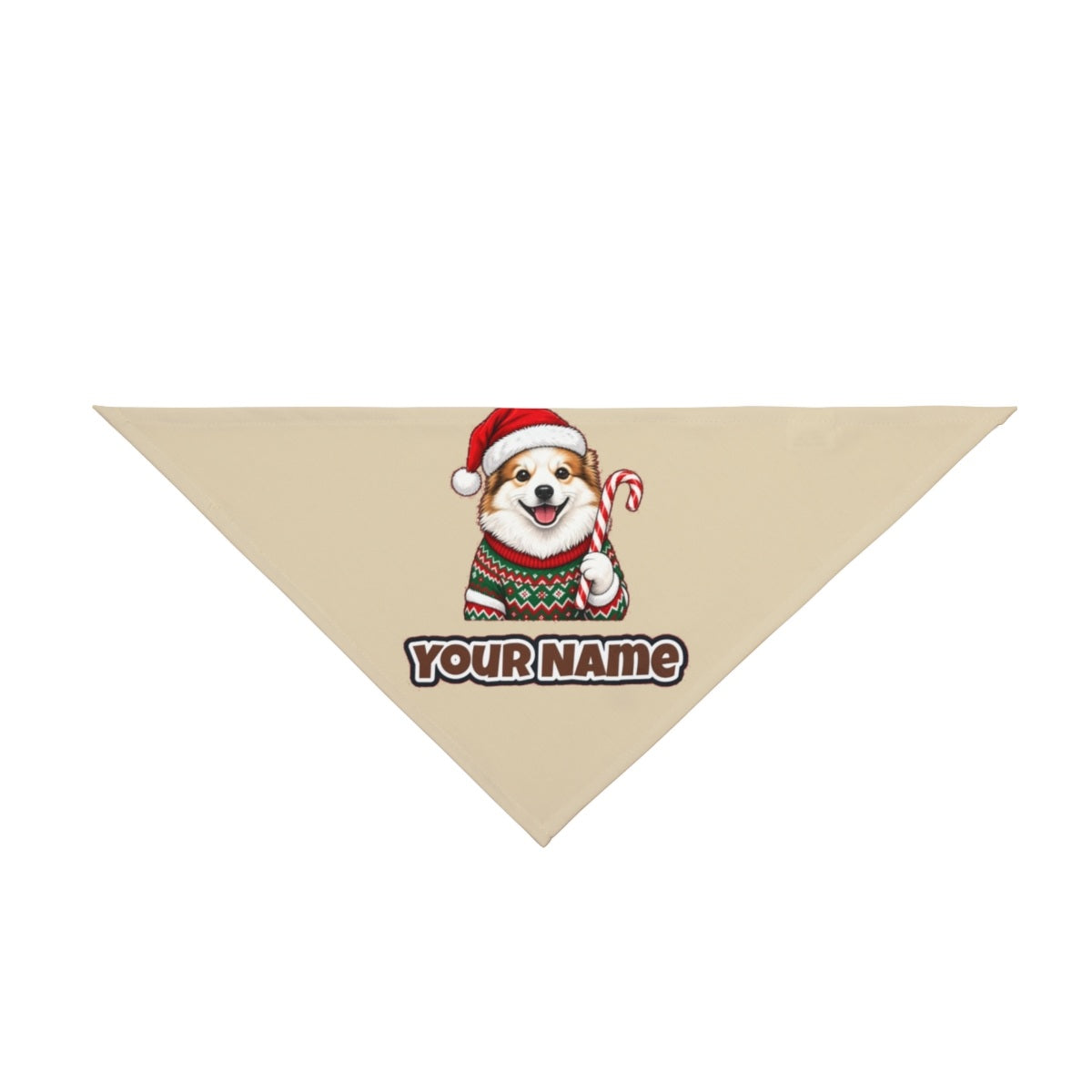 Fluffy Dog In Christmas Jumper personalised Christmas pet bandana in beige, tie-on style
