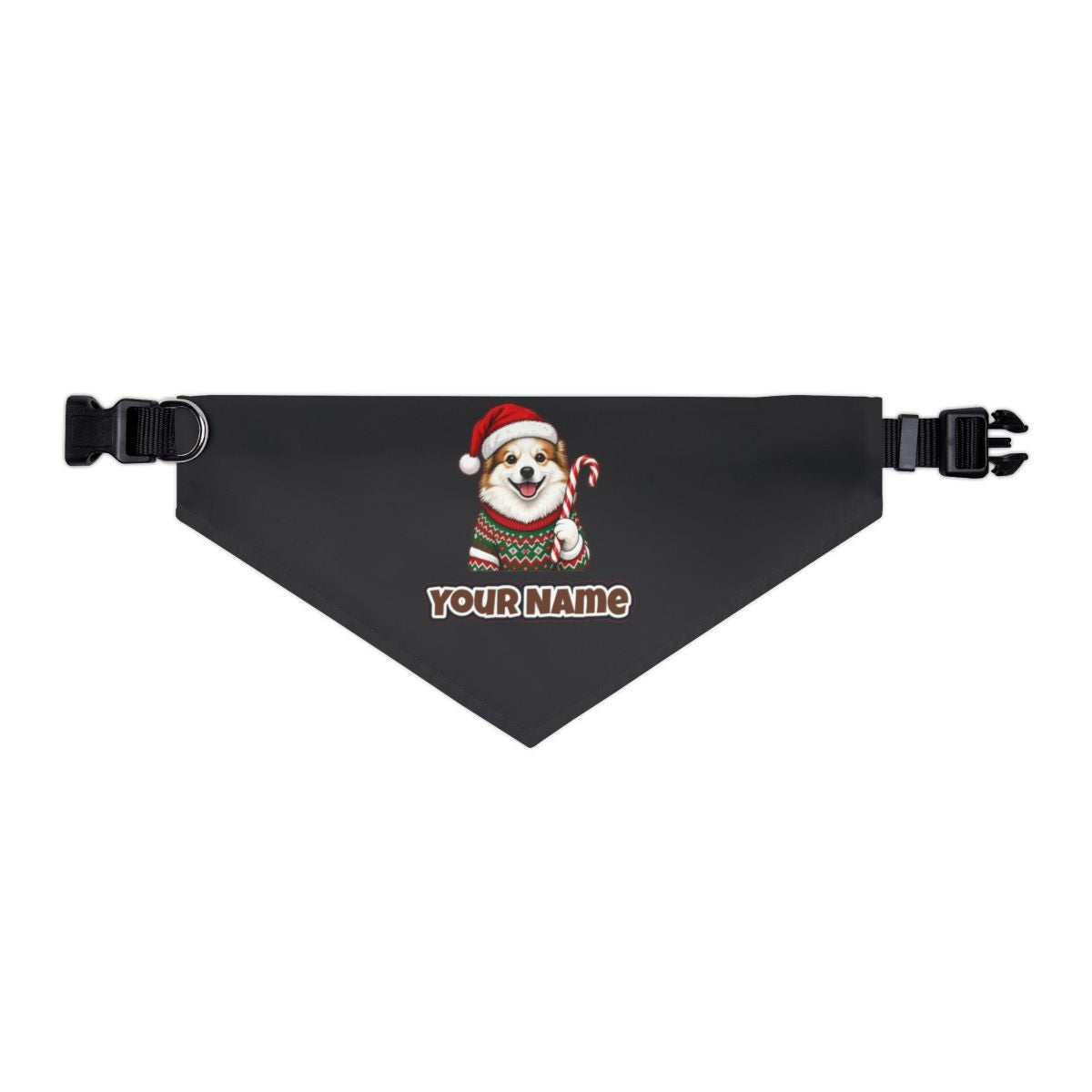Fluffy Dog In Christmas Jumper personalised Christmas pet bandana in black, collar with buckle