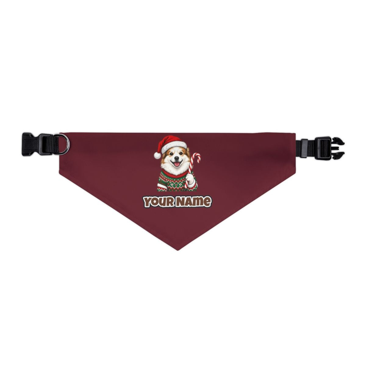 Fluffy Dog In Christmas Jumper personalised Christmas pet bandana in maroon, collar with buckle