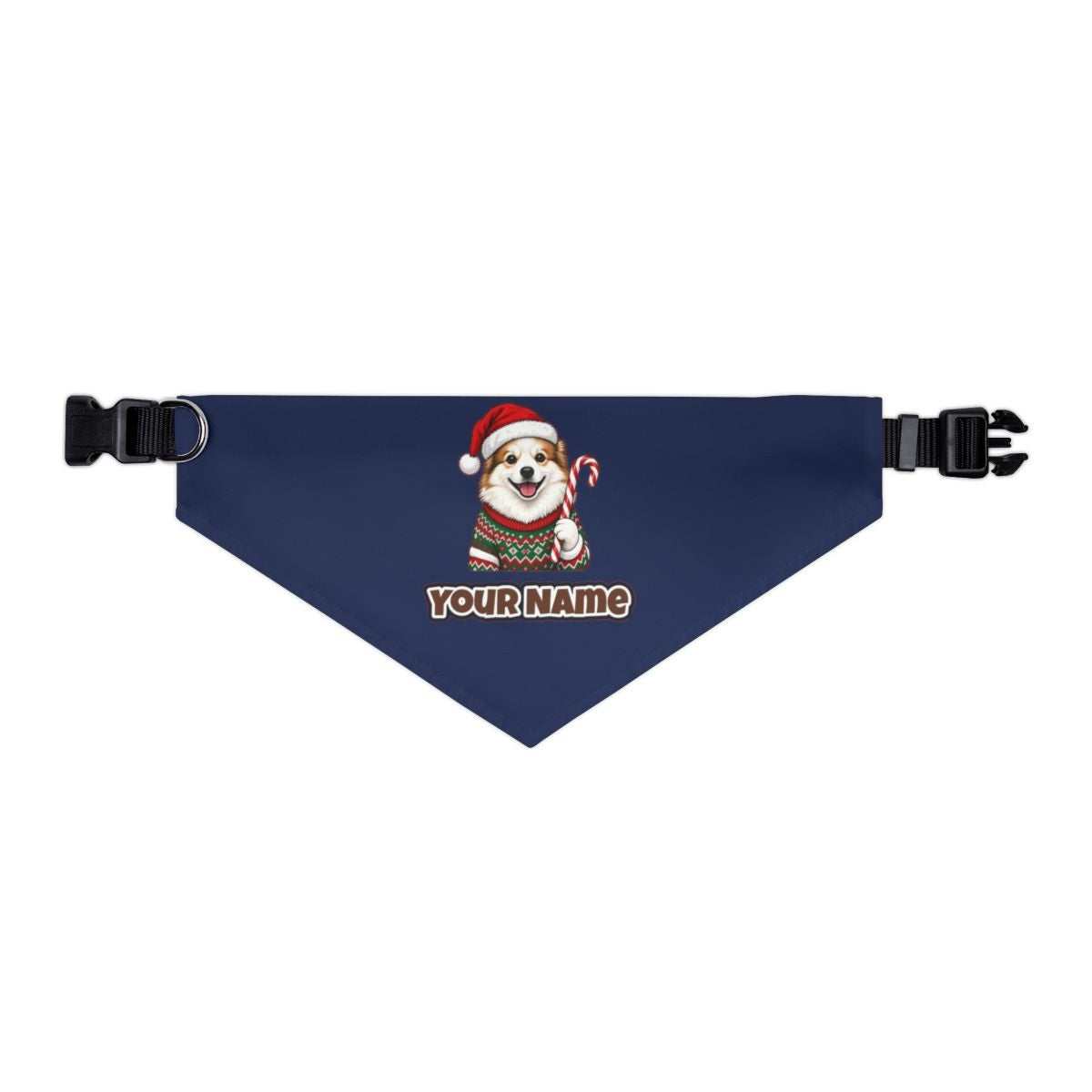 Fluffy Dog In Christmas Jumper personalised Christmas pet bandana in navy, collar with buckle