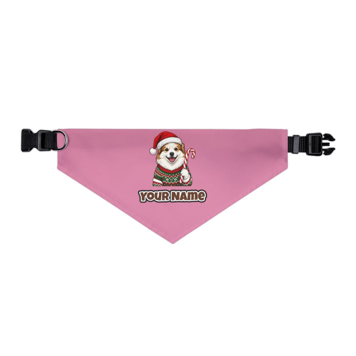 Fluffy Dog In Christmas Jumper personalised Christmas pet bandana in pink, collar with buckle