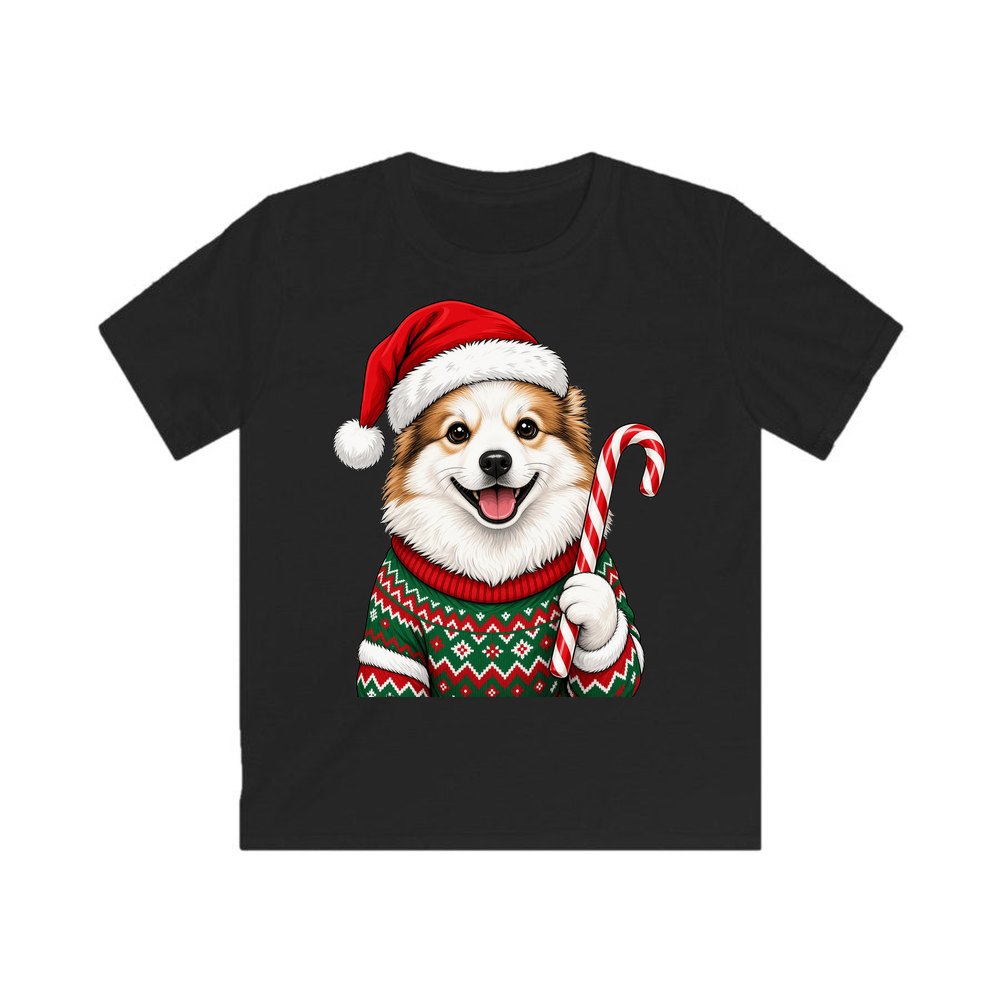 Fluffy Dog In Christmas Jumper personalised kids Christmas tee in black