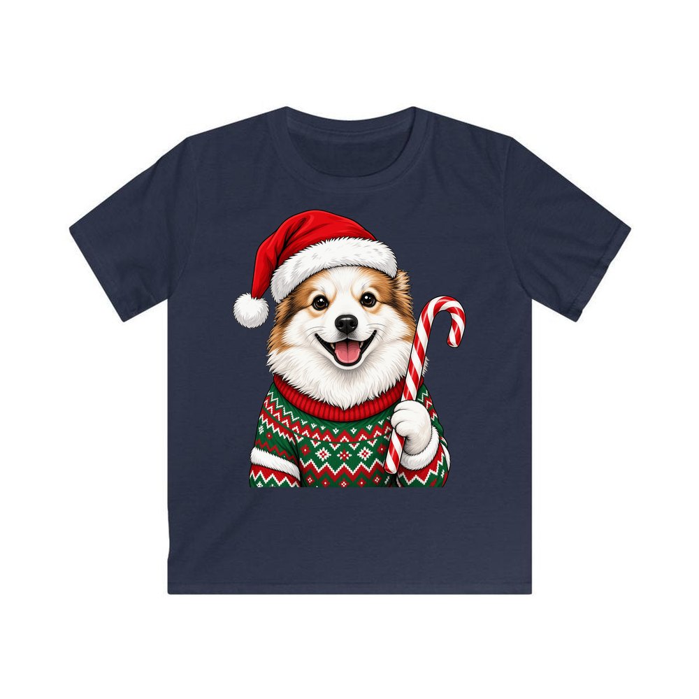 Fluffy Dog In Christmas Jumper personalised kids Christmas tee in navy