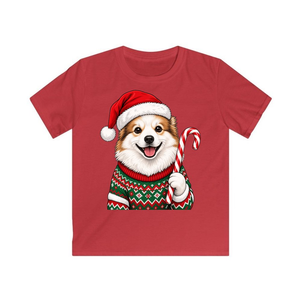 Fluffy Dog In Christmas Jumper personalised kids Christmas tee in red