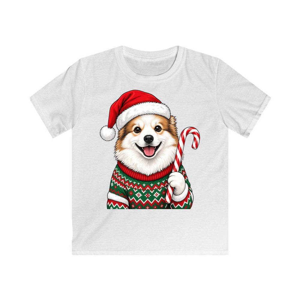 Fluffy Dog In Christmas Jumper personalised kids Christmas tee in white