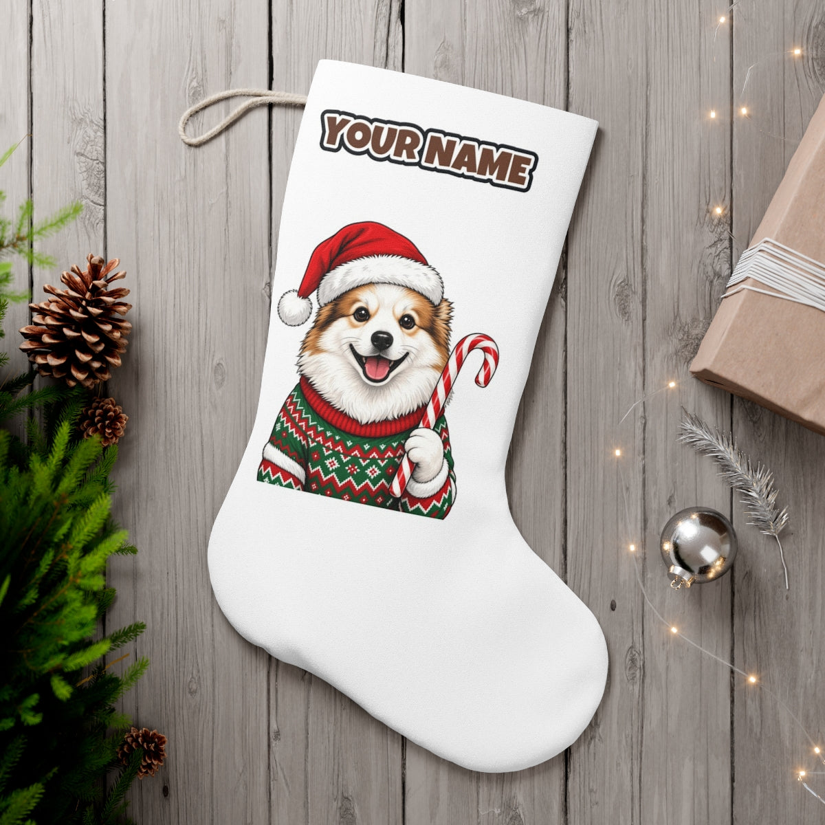 Fluffy Dog In Christmas Jumper personalised Christmas stocking, white, with the name across the top