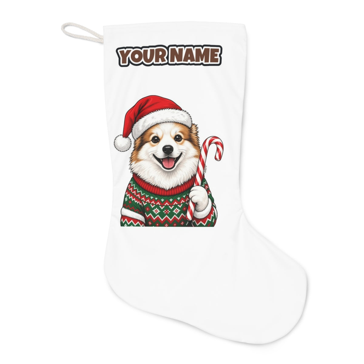 Fluffy Dog In Christmas Jumper Christmas stocking laid flat, showing the full print