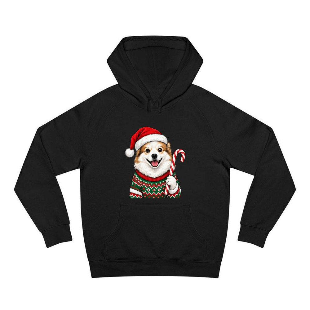 Fluffy Dog In Christmas Jumper personalised Christmas hoodie in black