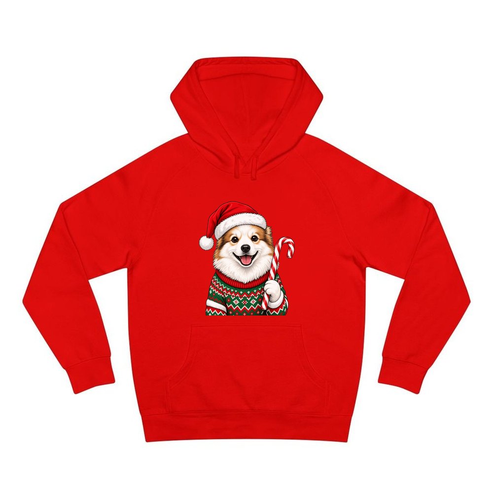 Fluffy Dog In Christmas Jumper personalised Christmas hoodie in red