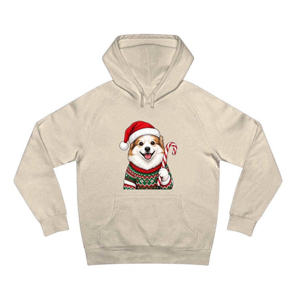 Fluffy Dog In Christmas Jumper personalised Christmas hoodie in sand