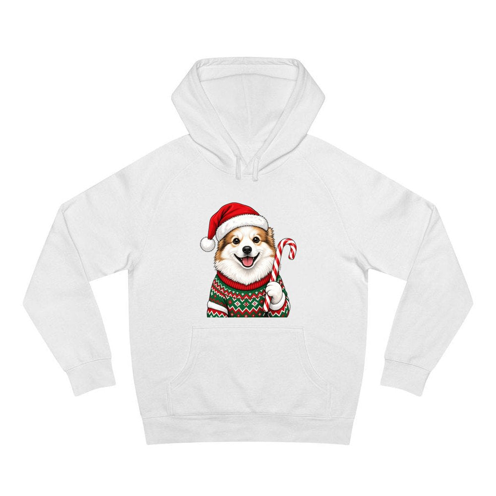 Fluffy Dog In Christmas Jumper personalised Christmas hoodie in white