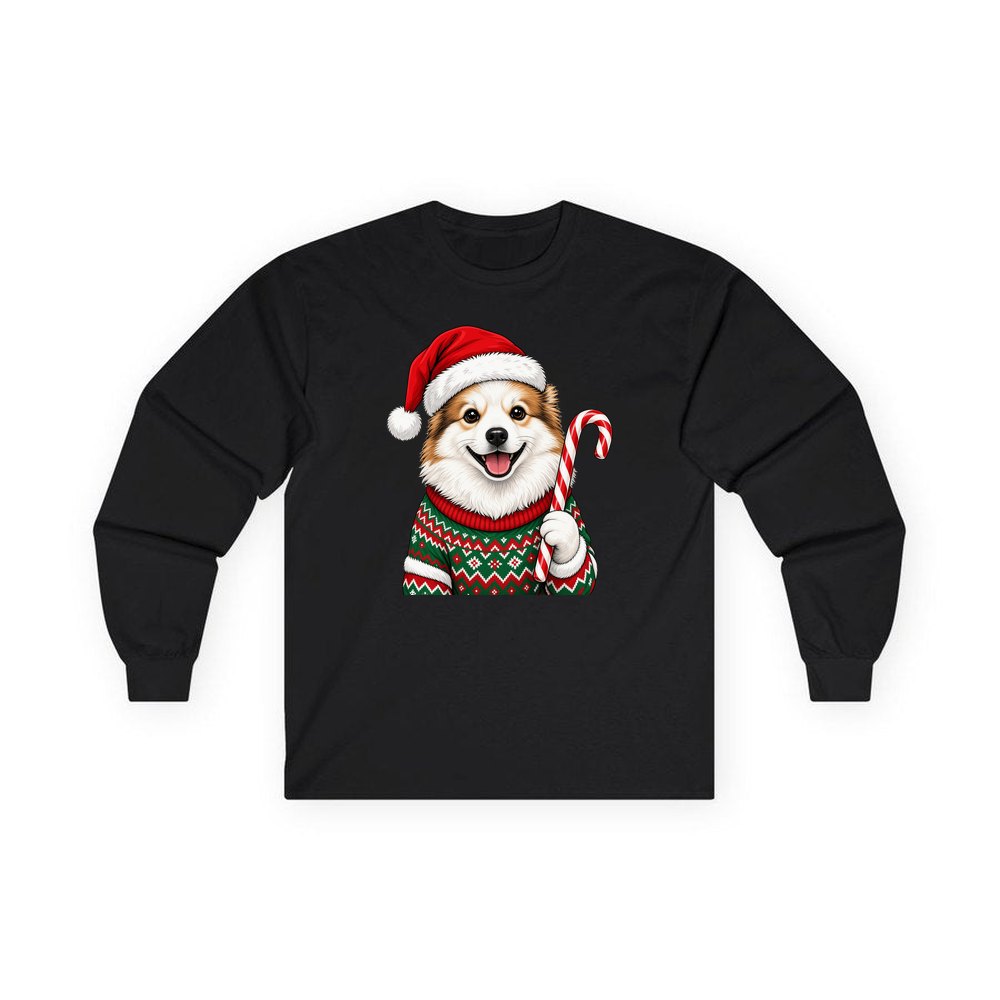 Fluffy Dog In Christmas Jumper personalised long sleeve Christmas T-shirt in black