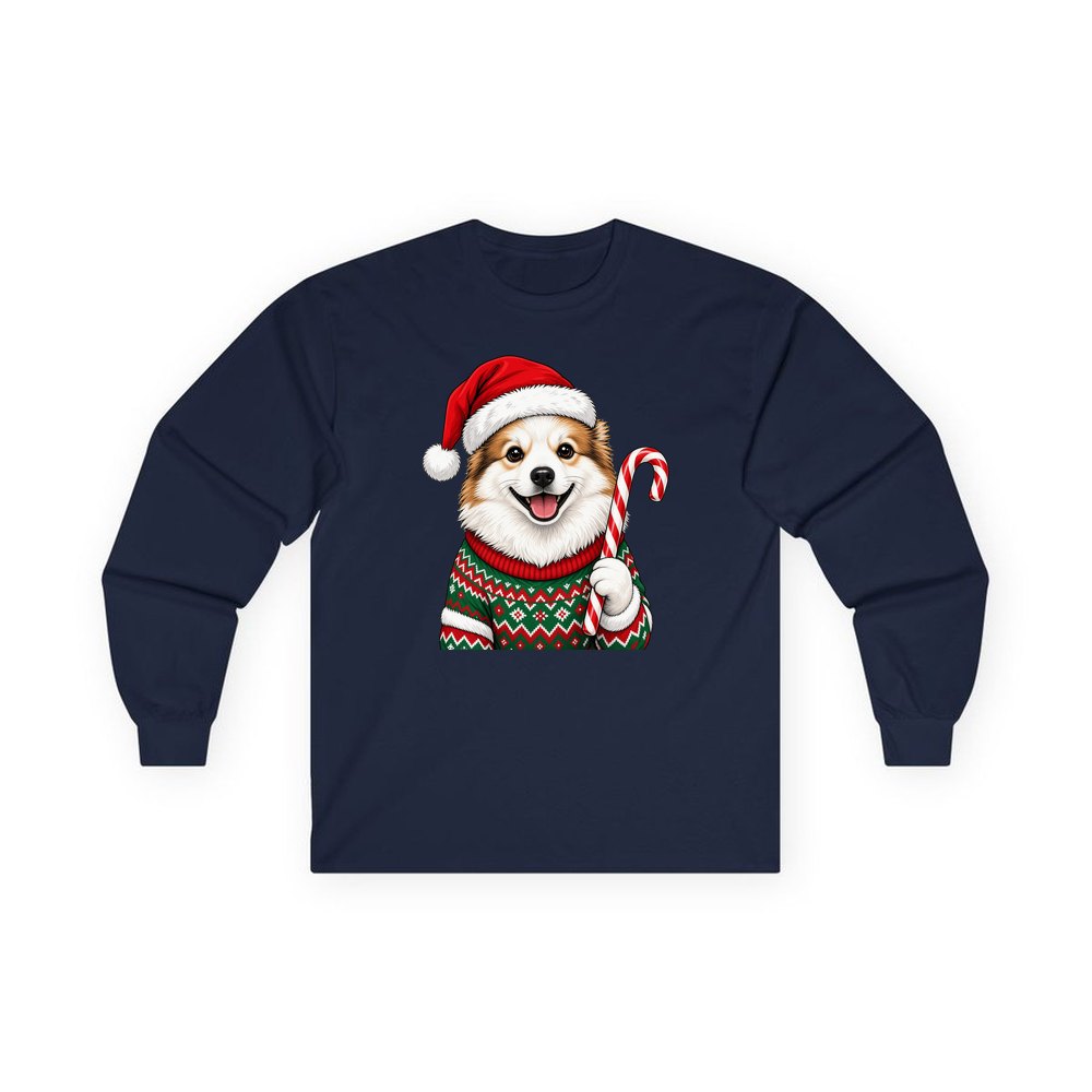 Fluffy Dog In Christmas Jumper personalised long sleeve Christmas T-shirt in navy