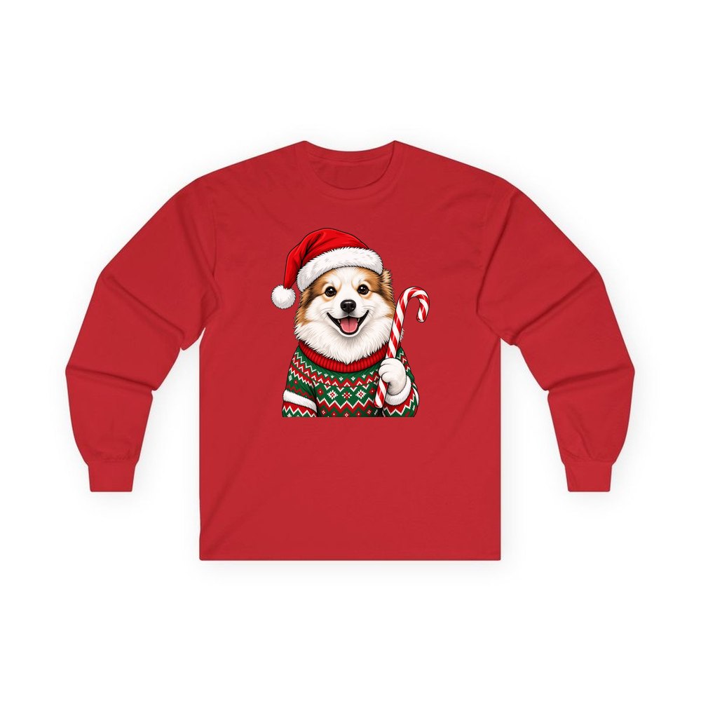 Fluffy Dog In Christmas Jumper personalised long sleeve Christmas T-shirt in red