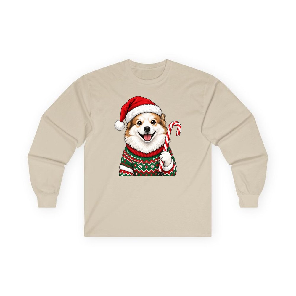 Fluffy Dog In Christmas Jumper personalised long sleeve Christmas T-shirt in sand
