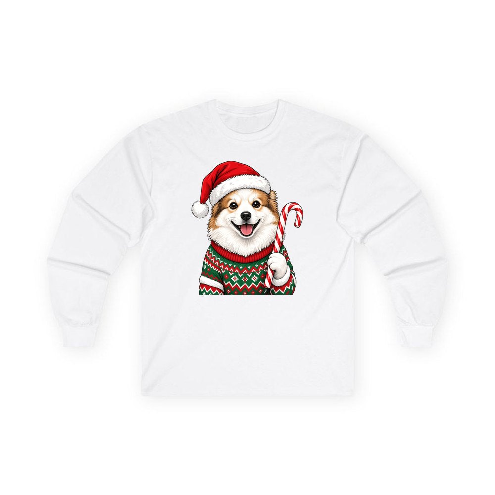 Fluffy Dog In Christmas Jumper personalised long sleeve Christmas T-shirt in white