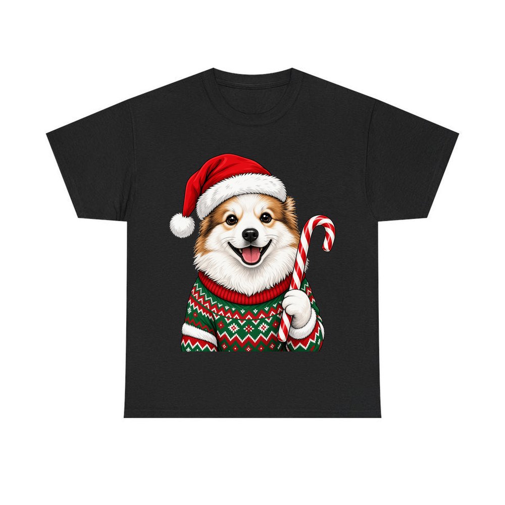 Fluffy Dog In Christmas Jumper personalised Christmas T-shirt in black